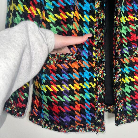 Alice + Olivia Andreas Frayed-Edge Houndstooth Tweed Jacket Size XS Rainbow - Picture 7 of 10